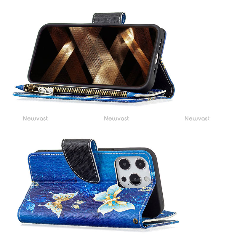 Leather Case Stands Butterfly Flip Cover Holder for Apple iPhone 15 Pro Blue