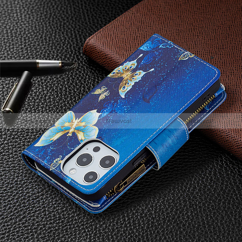 Leather Case Stands Butterfly Flip Cover Holder for Apple iPhone 15 Pro Blue