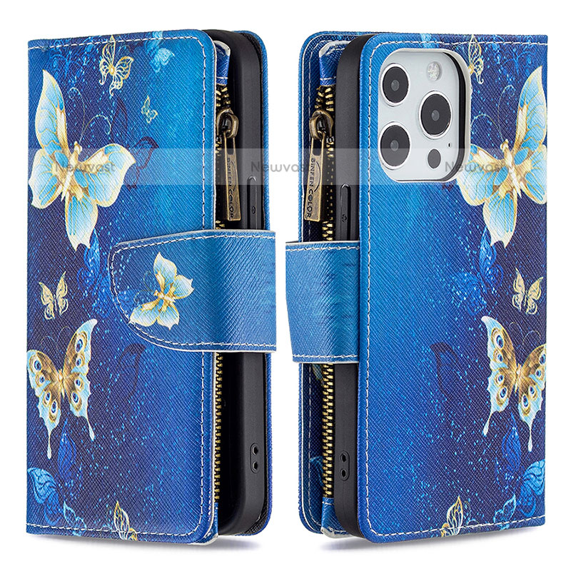 Leather Case Stands Butterfly Flip Cover Holder for Apple iPhone 15 Pro Max Blue