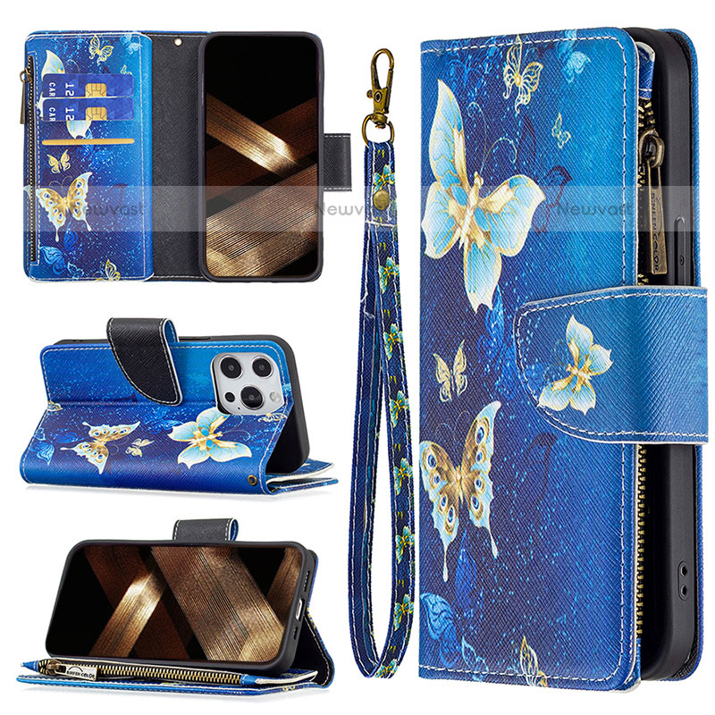 Leather Case Stands Butterfly Flip Cover Holder for Apple iPhone 15 Pro Max Blue