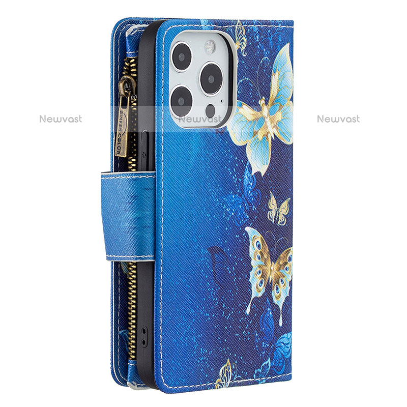 Leather Case Stands Butterfly Flip Cover Holder for Apple iPhone 15 Pro Max Blue