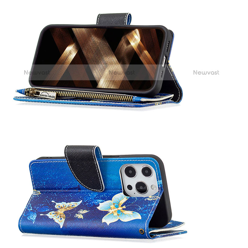 Leather Case Stands Butterfly Flip Cover Holder for Apple iPhone 15 Pro Max Blue