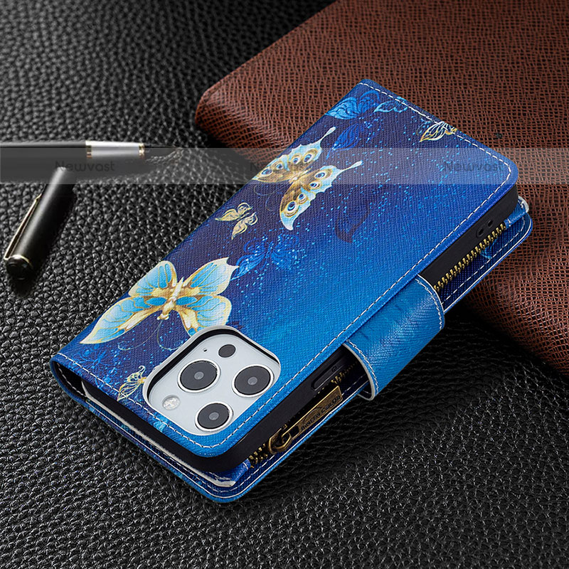 Leather Case Stands Butterfly Flip Cover Holder for Apple iPhone 15 Pro Max Blue