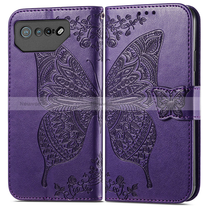 Leather Case Stands Butterfly Flip Cover Holder for Asus ROG Phone 7 Purple