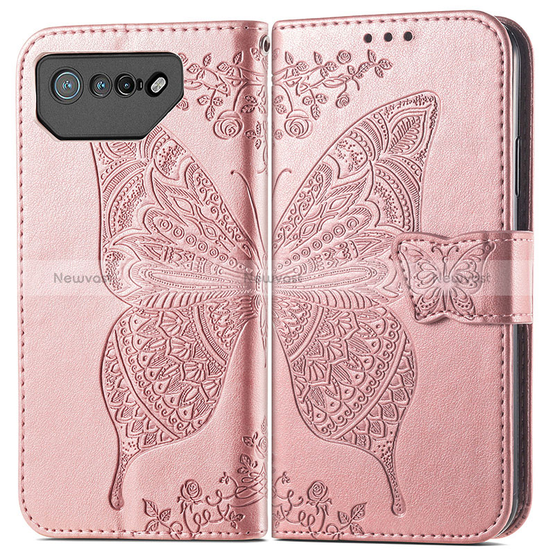 Leather Case Stands Butterfly Flip Cover Holder for Asus ROG Phone 7 Rose Gold