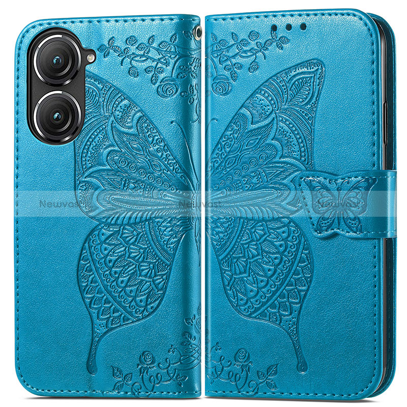 Leather Case Stands Butterfly Flip Cover Holder for Asus Zenfone 9 Blue
