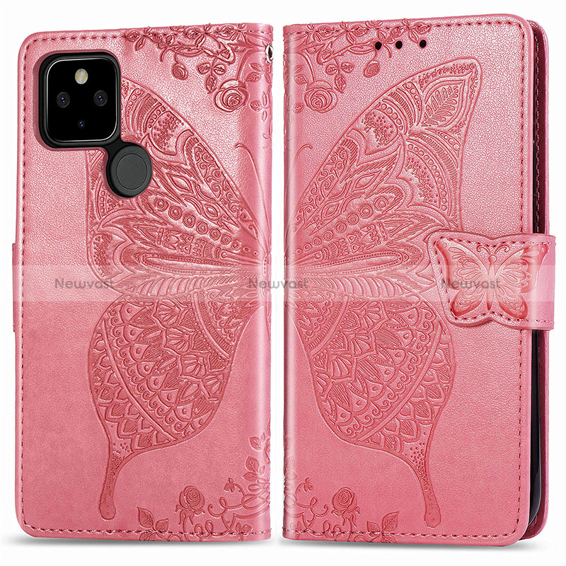 Leather Case Stands Butterfly Flip Cover Holder for Google Pixel 5 Hot Pink