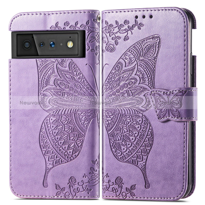 Leather Case Stands Butterfly Flip Cover Holder for Google Pixel 6 5G Clove Purple