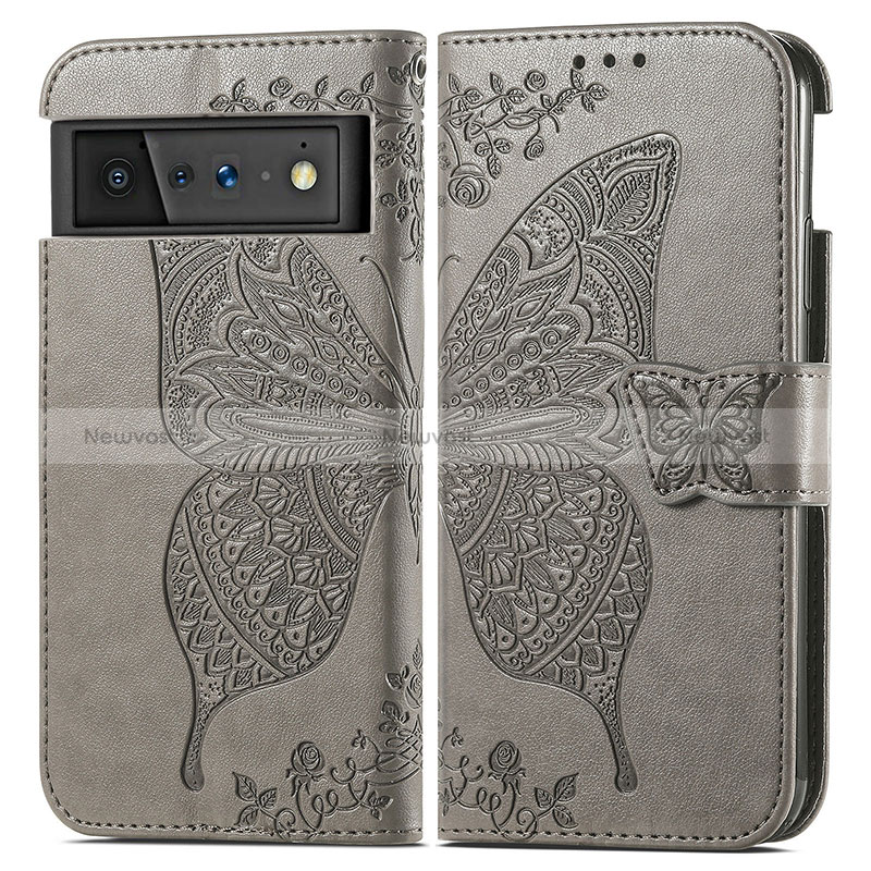 Leather Case Stands Butterfly Flip Cover Holder for Google Pixel 6 5G Gray