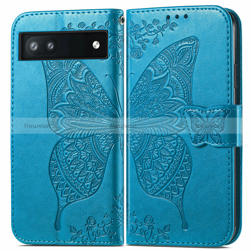 Leather Case Stands Butterfly Flip Cover Holder for Google Pixel 6a 5G Blue