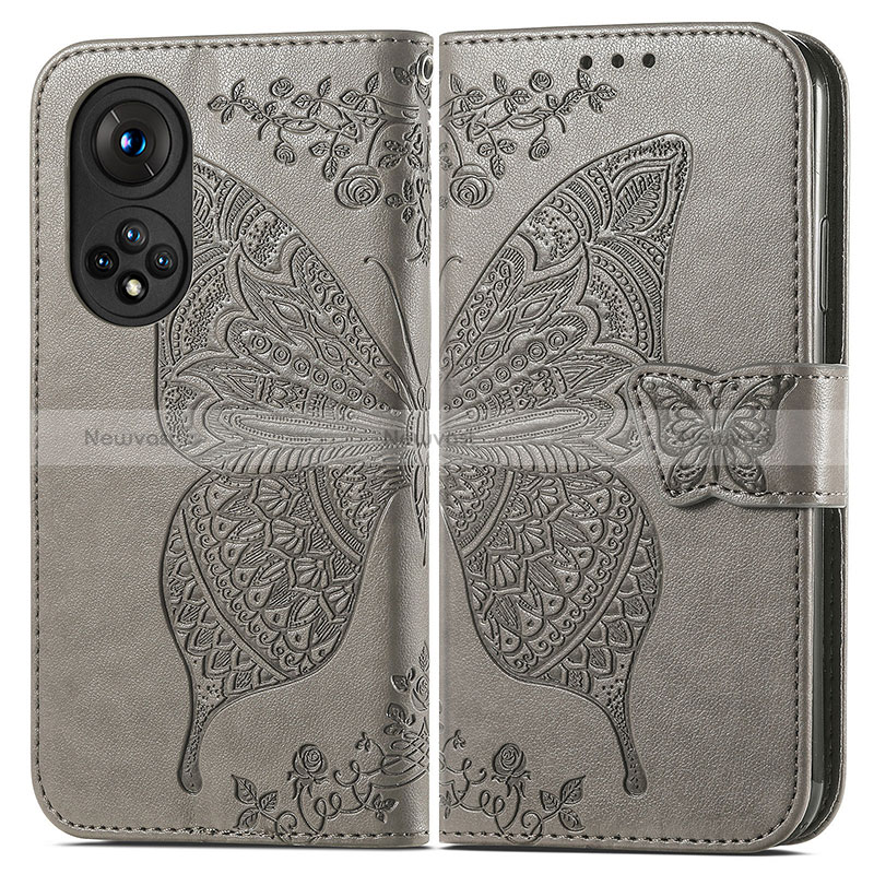 Leather Case Stands Butterfly Flip Cover Holder for Huawei Honor 50 5G Gray