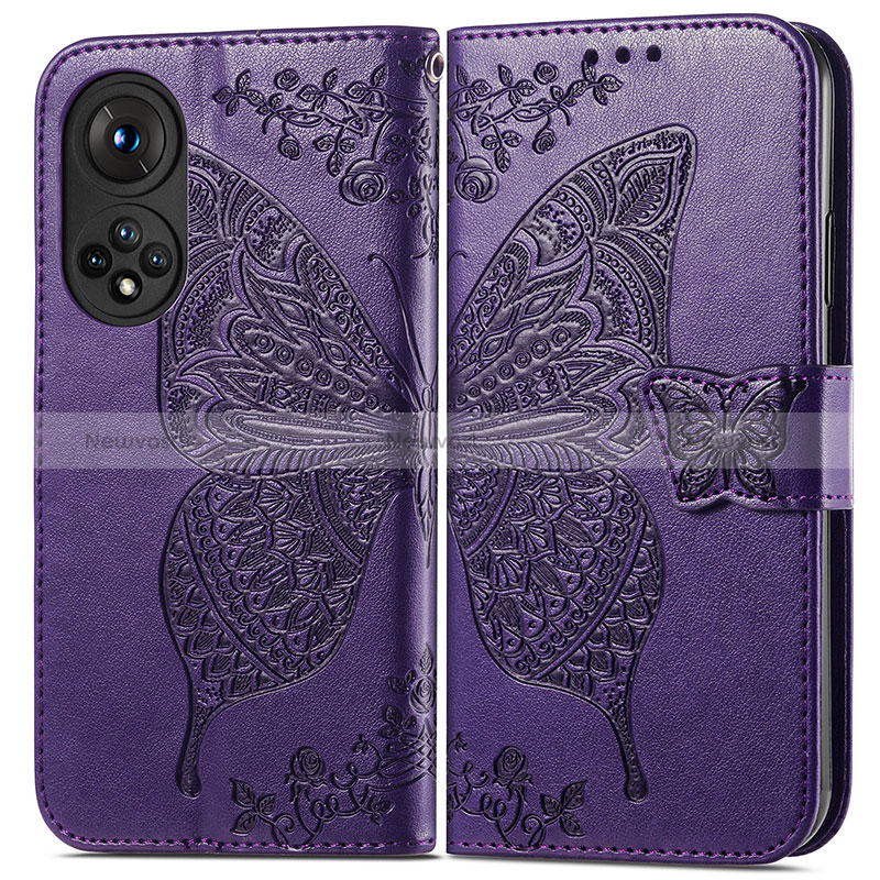 Leather Case Stands Butterfly Flip Cover Holder for Huawei Honor 50 5G Purple