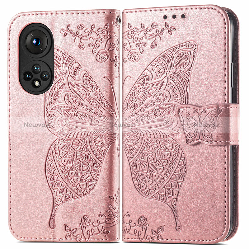 Leather Case Stands Butterfly Flip Cover Holder for Huawei Honor 50 Pro 5G Rose Gold