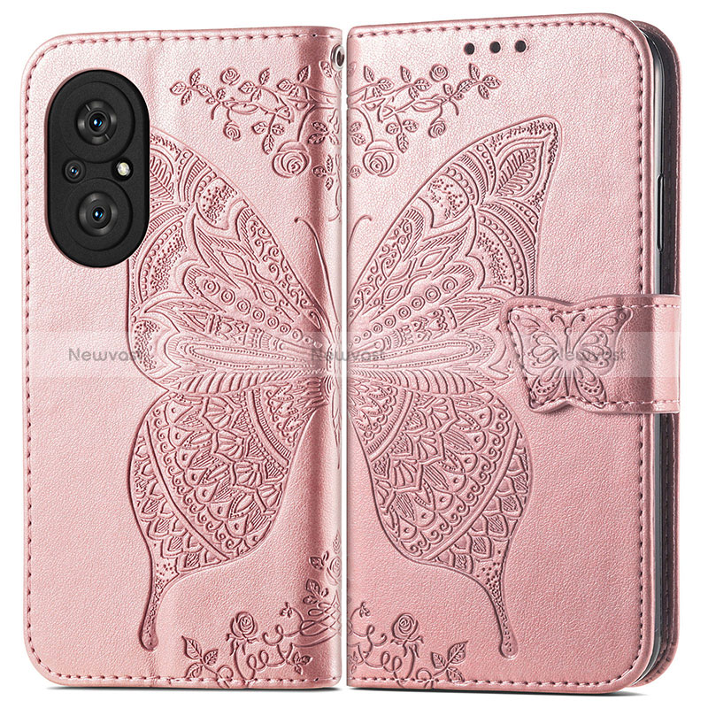 Leather Case Stands Butterfly Flip Cover Holder for Huawei Honor 50 SE 5G Rose Gold