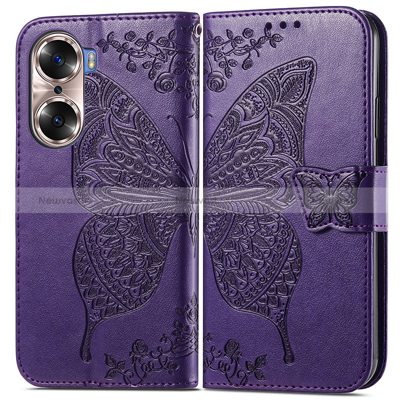 Leather Case Stands Butterfly Flip Cover Holder for Huawei Honor 60 Pro 5G Purple