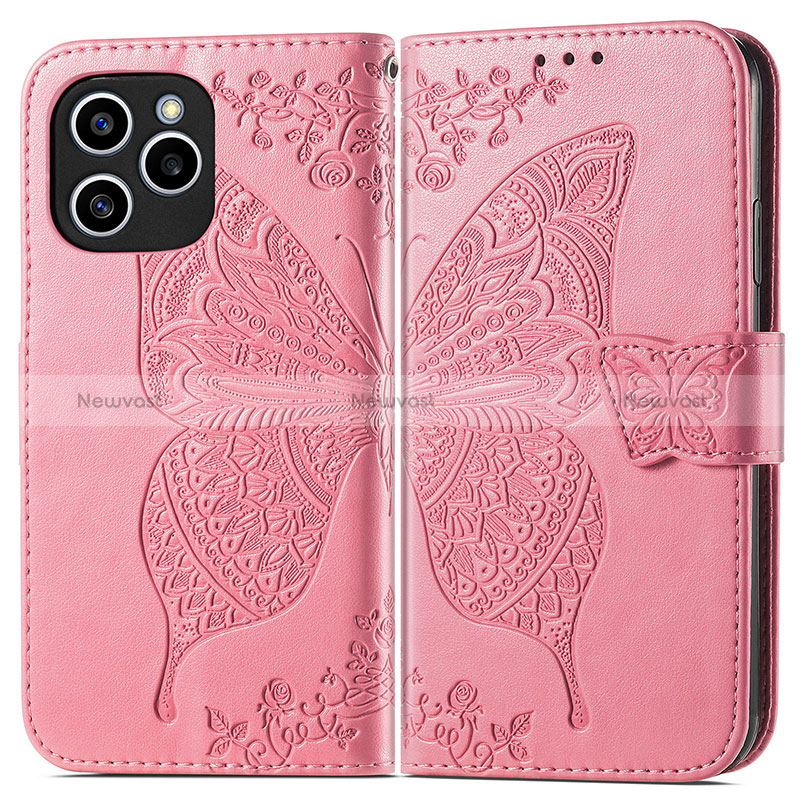 Leather Case Stands Butterfly Flip Cover Holder for Huawei Honor 60 SE 5G Hot Pink