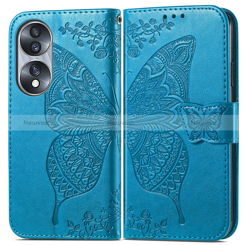 Leather Case Stands Butterfly Flip Cover Holder for Huawei Honor 70 5G Blue