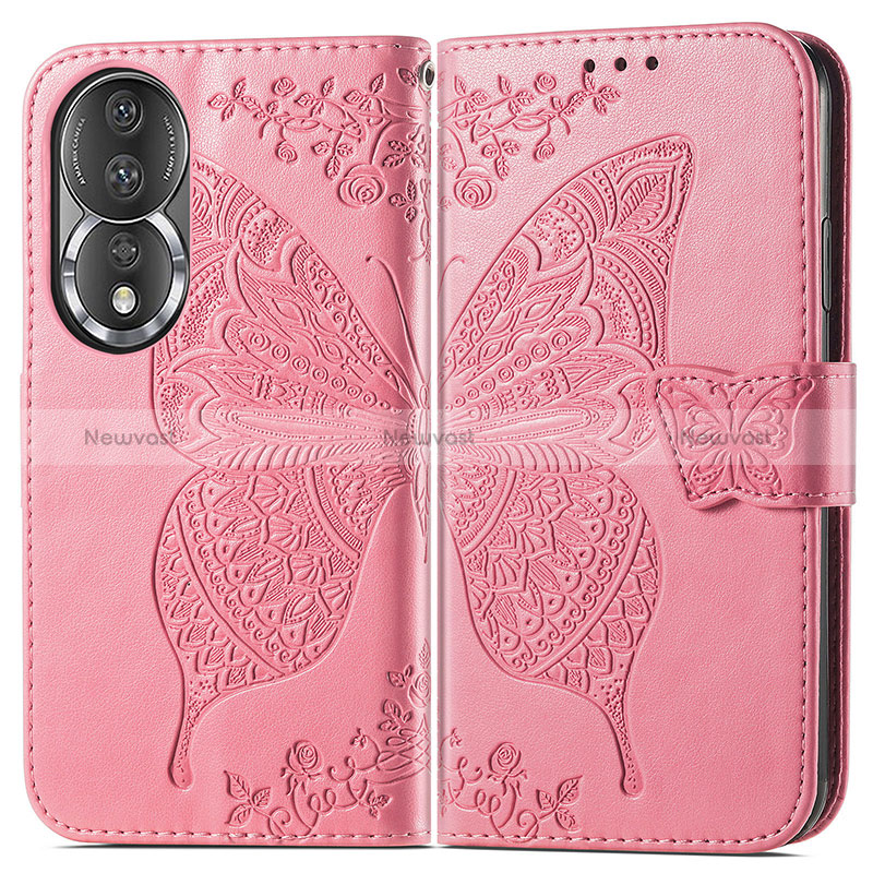 Leather Case Stands Butterfly Flip Cover Holder for Huawei Honor 80 5G Hot Pink