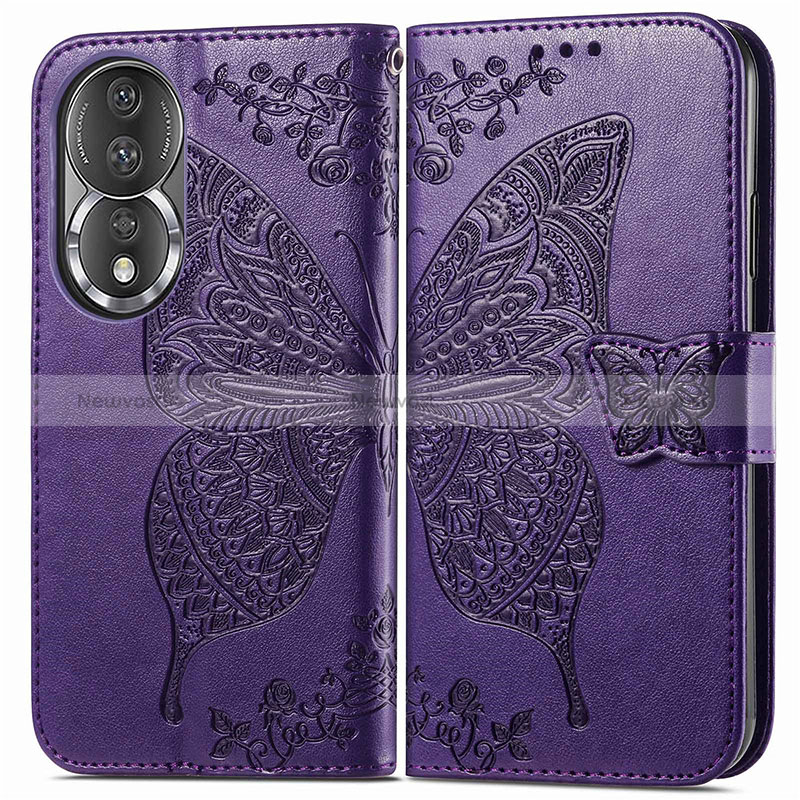 Leather Case Stands Butterfly Flip Cover Holder for Huawei Honor 80 5G Purple