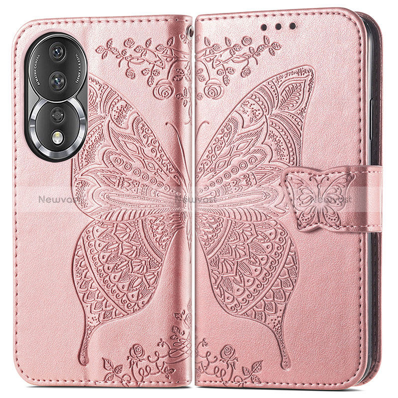 Leather Case Stands Butterfly Flip Cover Holder for Huawei Honor 80 5G Rose Gold