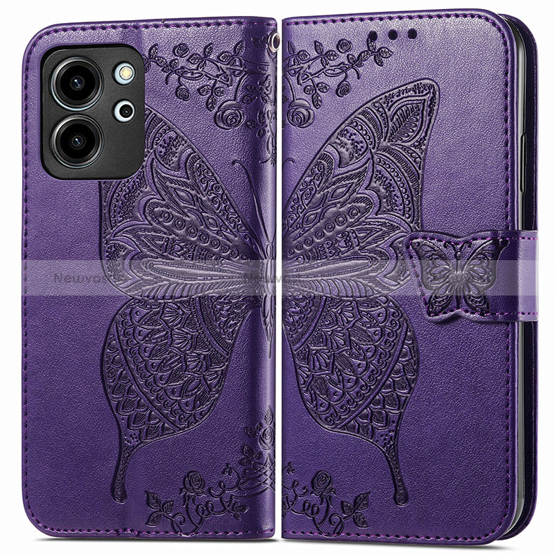 Leather Case Stands Butterfly Flip Cover Holder for Huawei Honor 80 SE 5G Purple