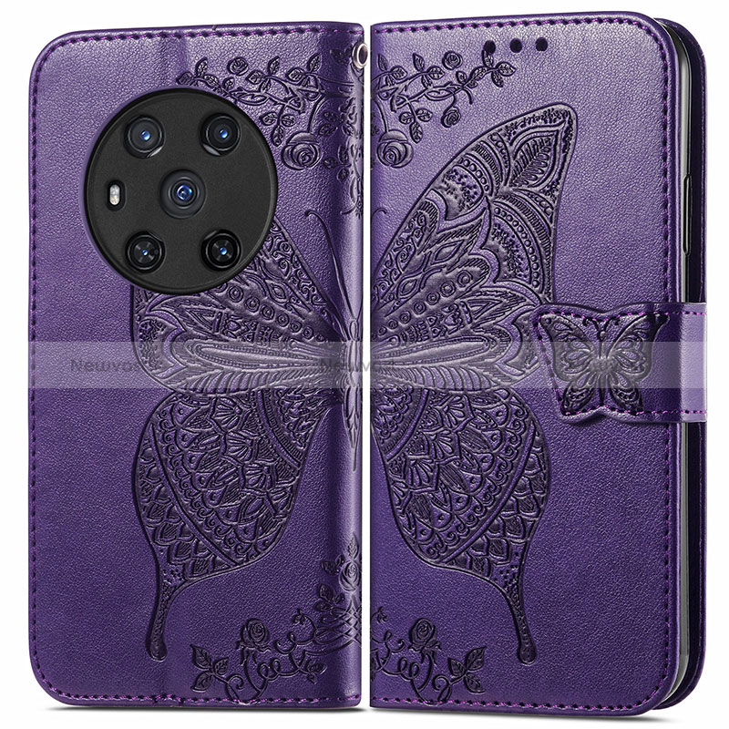 Leather Case Stands Butterfly Flip Cover Holder for Huawei Honor Magic3 5G Purple