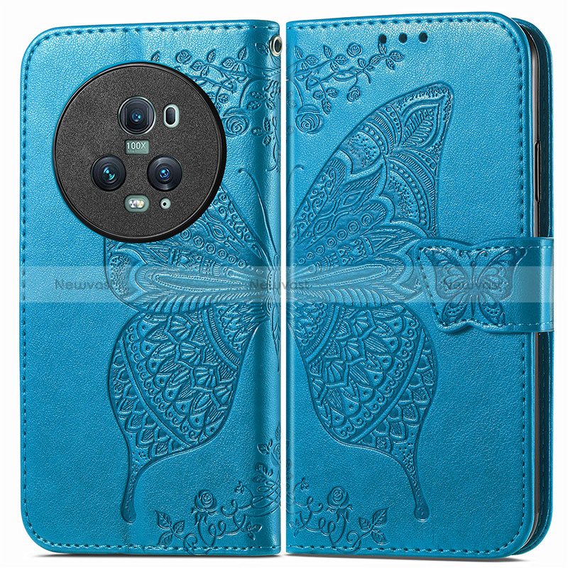 Leather Case Stands Butterfly Flip Cover Holder for Huawei Honor Magic5 Pro 5G Blue