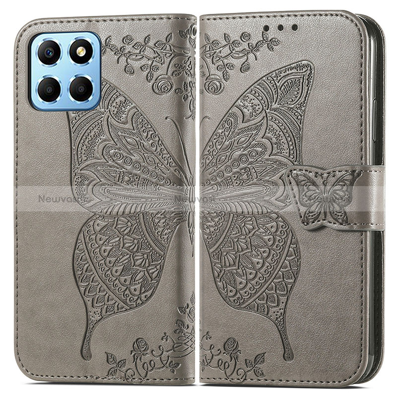 Leather Case Stands Butterfly Flip Cover Holder for Huawei Honor X6 5G Gray