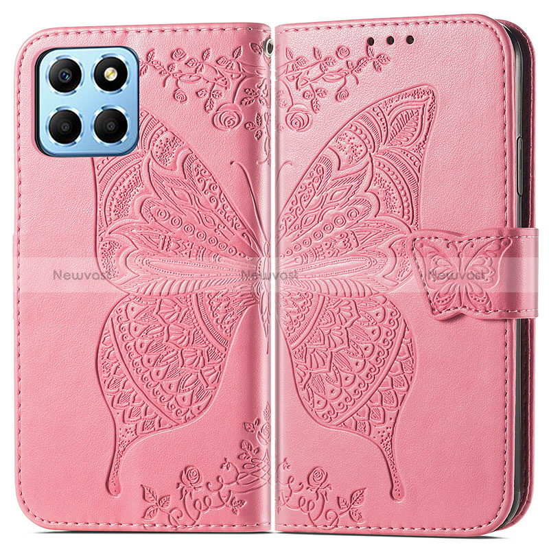 Leather Case Stands Butterfly Flip Cover Holder for Huawei Honor X6 5G Hot Pink