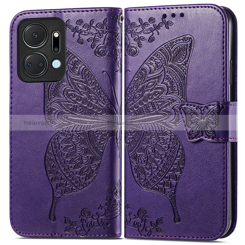 Leather Case Stands Butterfly Flip Cover Holder for Huawei Honor X7a Purple