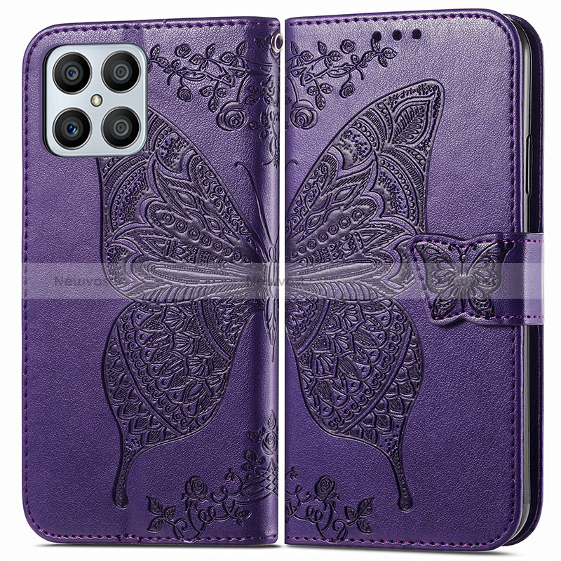 Leather Case Stands Butterfly Flip Cover Holder for Huawei Honor X8 4G Purple