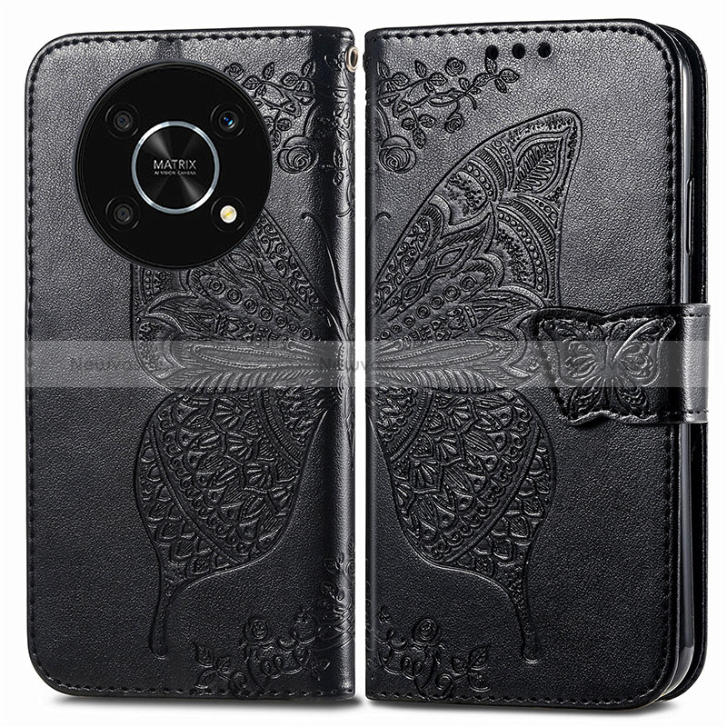 Leather Case Stands Butterfly Flip Cover Holder for Huawei Honor X9 5G Black