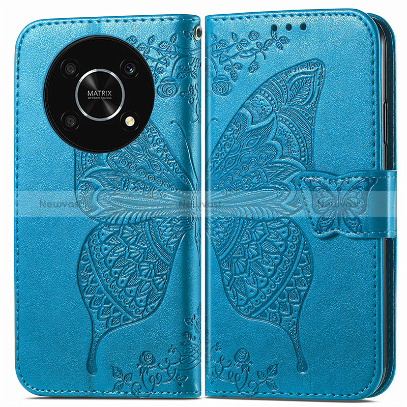 Leather Case Stands Butterfly Flip Cover Holder for Huawei Honor X9 5G Blue