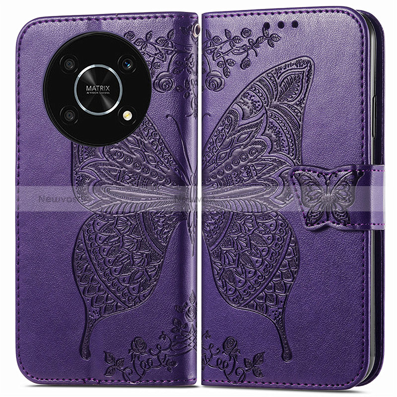 Leather Case Stands Butterfly Flip Cover Holder for Huawei Honor X9 5G Purple