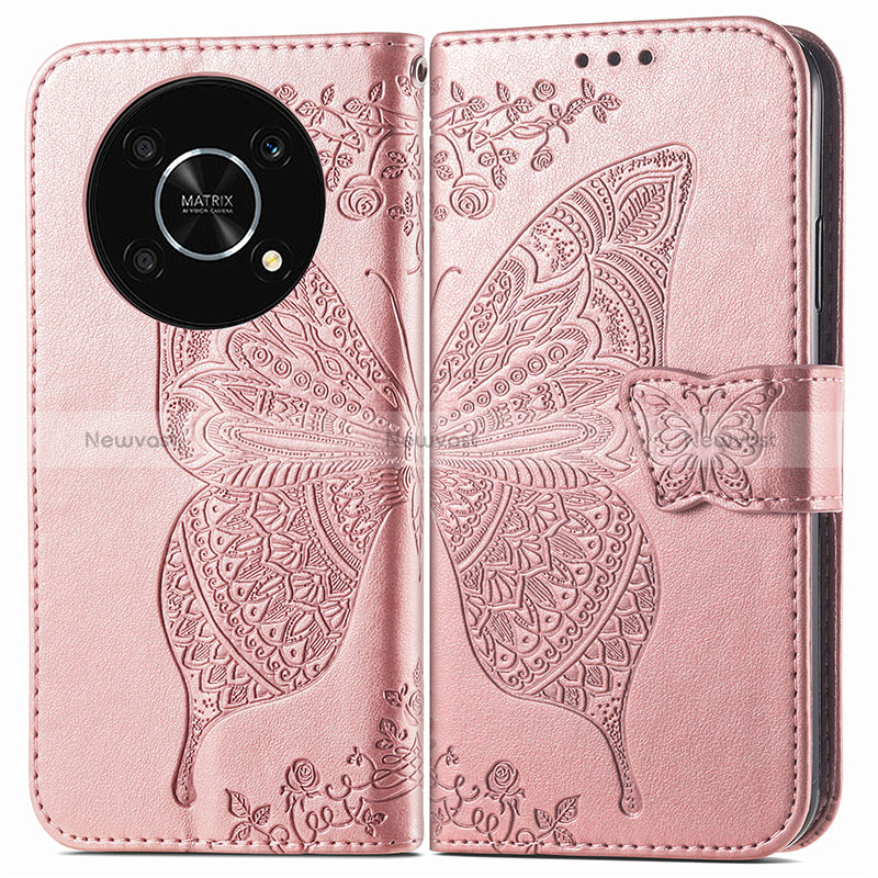 Leather Case Stands Butterfly Flip Cover Holder for Huawei Honor X9 5G Rose Gold