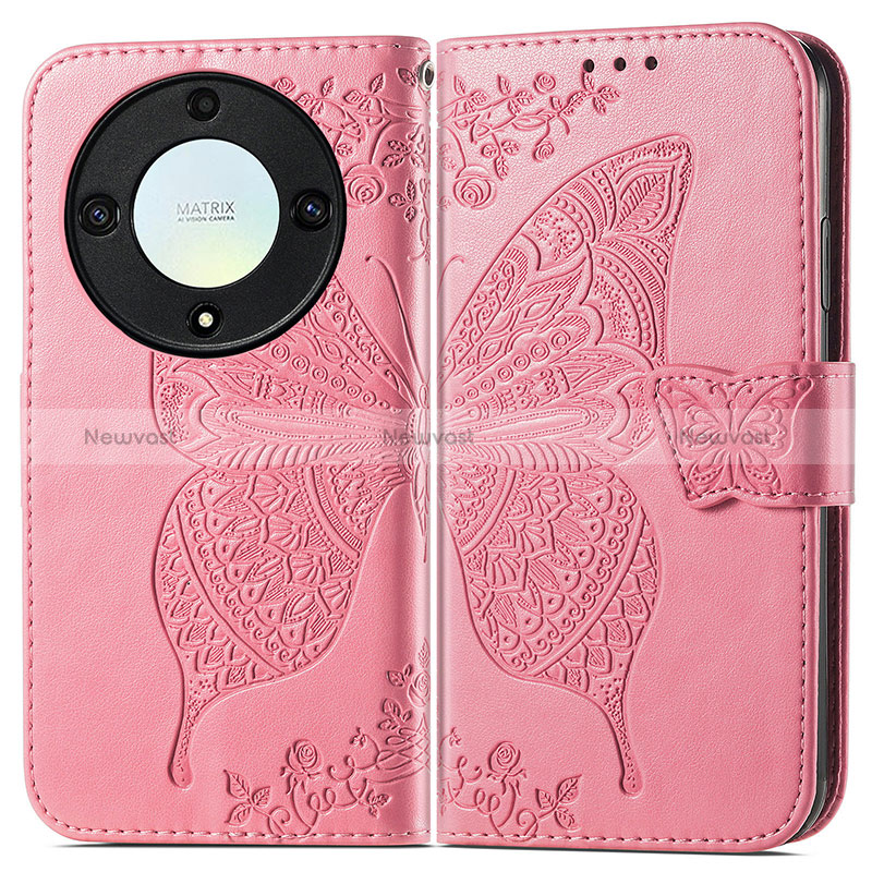 Leather Case Stands Butterfly Flip Cover Holder for Huawei Honor X9a 5G Hot Pink