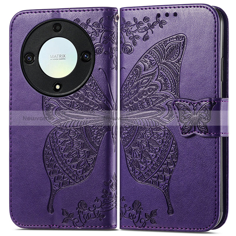 Leather Case Stands Butterfly Flip Cover Holder for Huawei Honor X9a 5G Purple