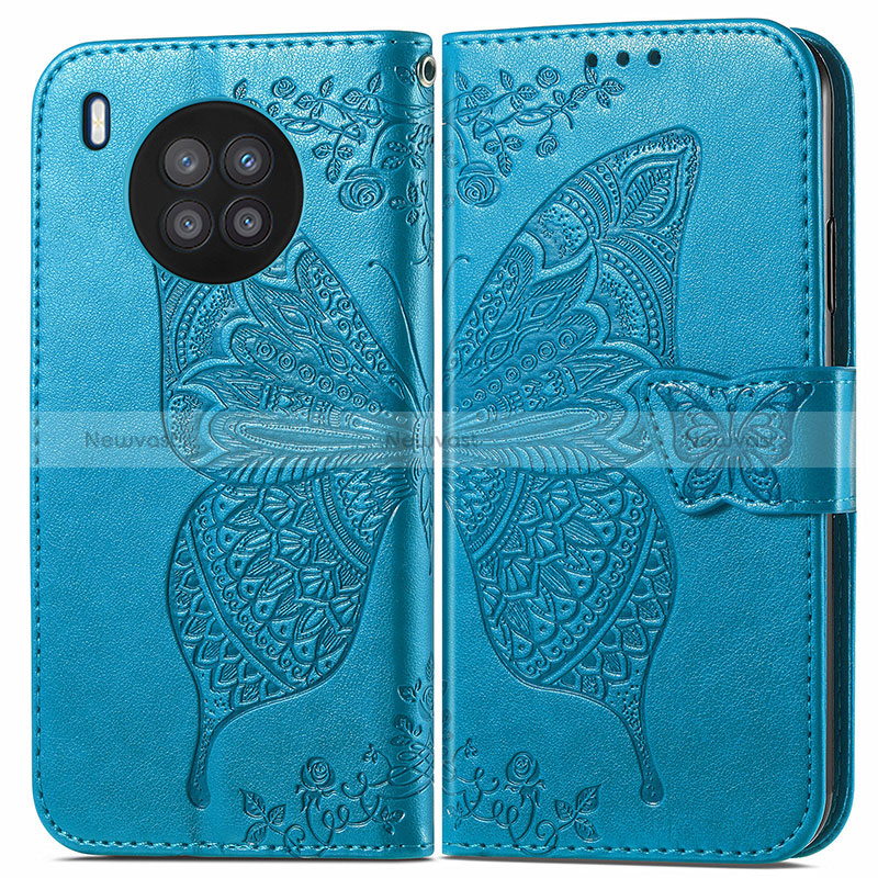 Leather Case Stands Butterfly Flip Cover Holder for Huawei Nova 8i Blue