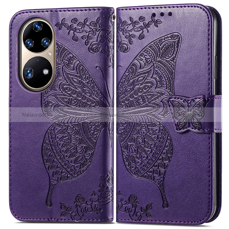 Leather Case Stands Butterfly Flip Cover Holder for Huawei P50e Purple