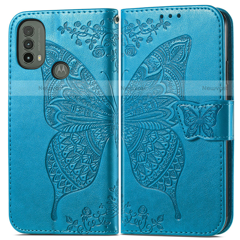 Leather Case Stands Butterfly Flip Cover Holder for Motorola Moto E20 Blue