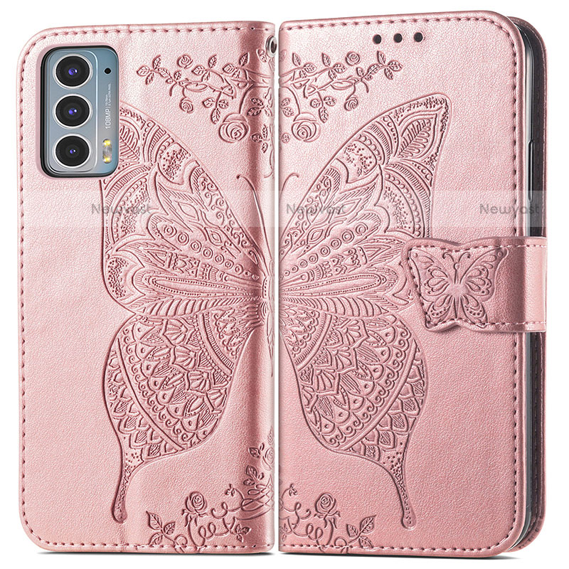 Leather Case Stands Butterfly Flip Cover Holder for Motorola Moto Edge 20 5G Pink