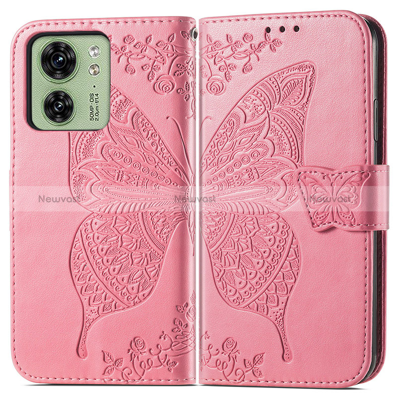 Leather Case Stands Butterfly Flip Cover Holder for Motorola Moto Edge (2023) 5G Hot Pink