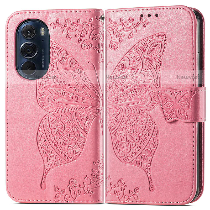 Leather Case Stands Butterfly Flip Cover Holder for Motorola Moto Edge 30 Pro 5G Hot Pink