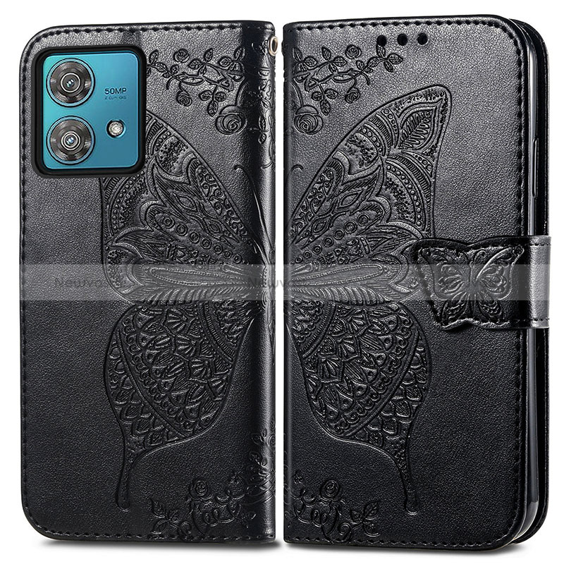 Leather Case Stands Butterfly Flip Cover Holder for Motorola Moto Edge 40 Neo 5G Black