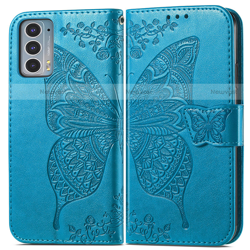 Leather Case Stands Butterfly Flip Cover Holder for Motorola Moto Edge Lite 5G Blue