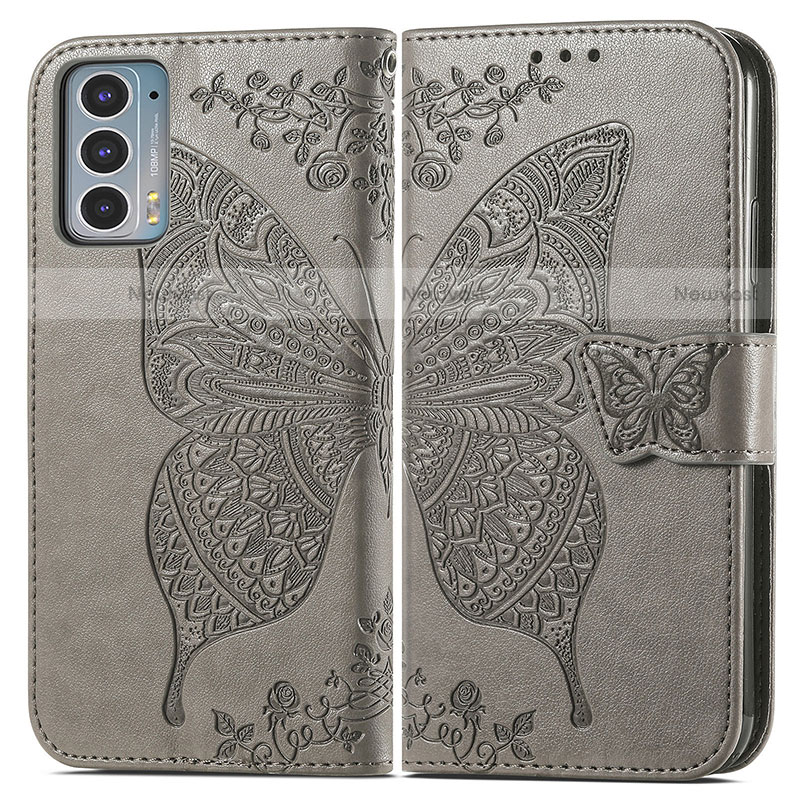 Leather Case Stands Butterfly Flip Cover Holder for Motorola Moto Edge Lite 5G Gray