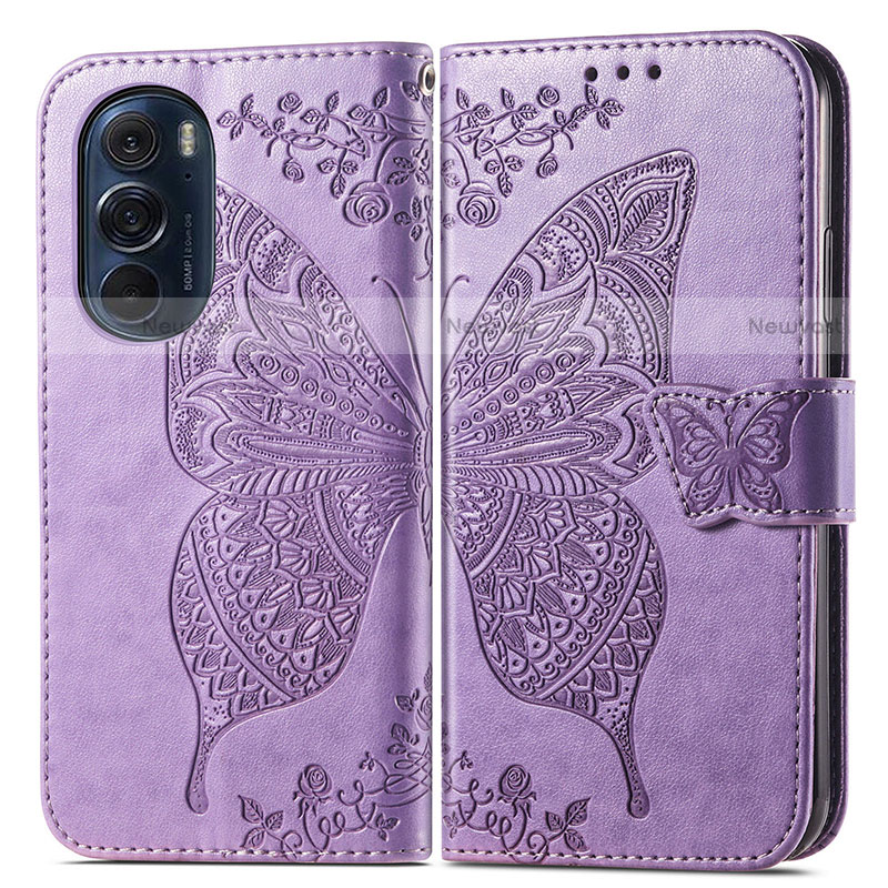 Leather Case Stands Butterfly Flip Cover Holder for Motorola Moto Edge Plus (2022) 5G Clove Purple