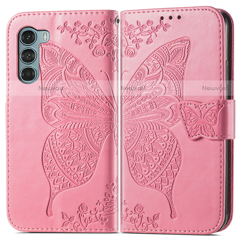 Leather Case Stands Butterfly Flip Cover Holder for Motorola Moto Edge S30 5G Hot Pink