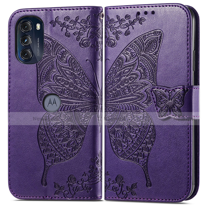 Leather Case Stands Butterfly Flip Cover Holder for Motorola Moto G 5G (2022) Purple