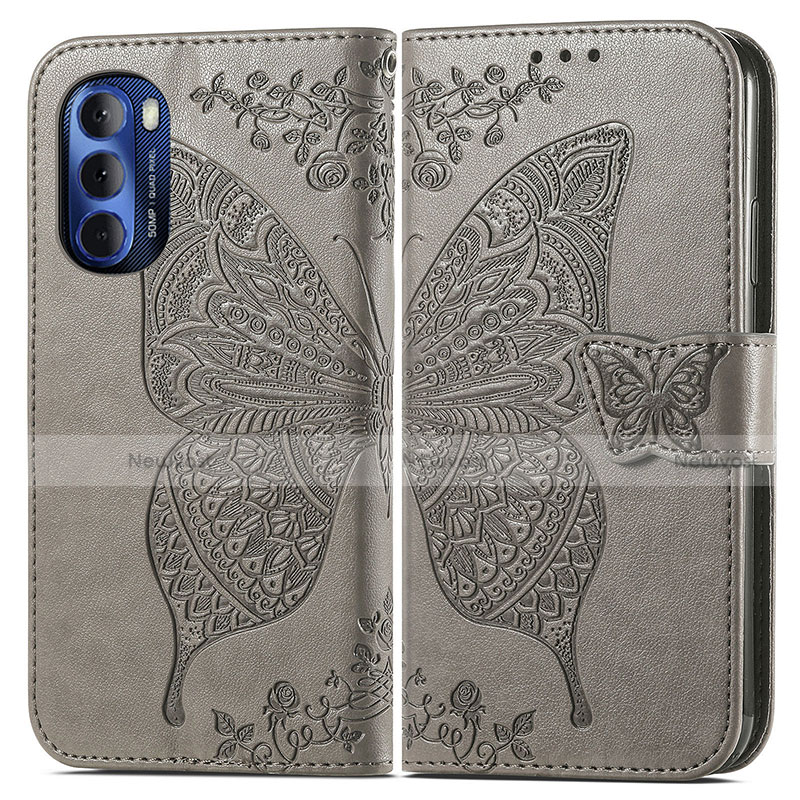 Leather Case Stands Butterfly Flip Cover Holder for Motorola Moto G Stylus (2022) 5G Gray